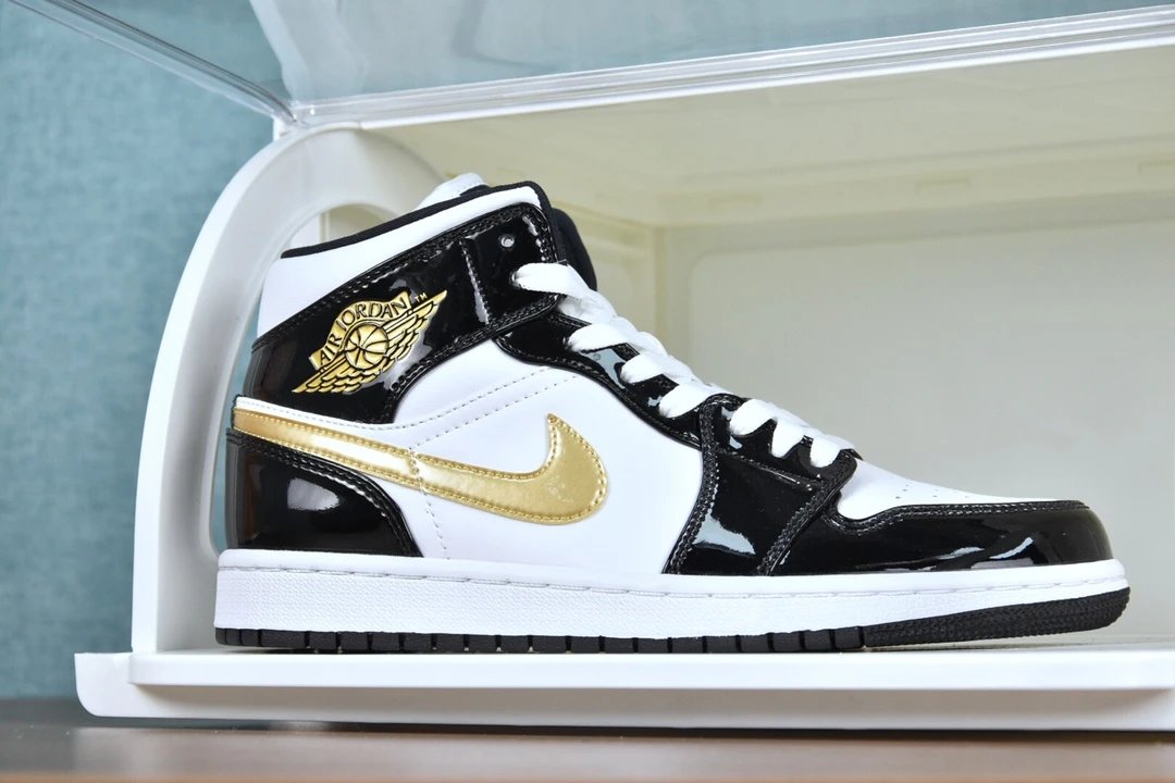 Air Jordan Mid Black White Gold Patent Leather Shoes