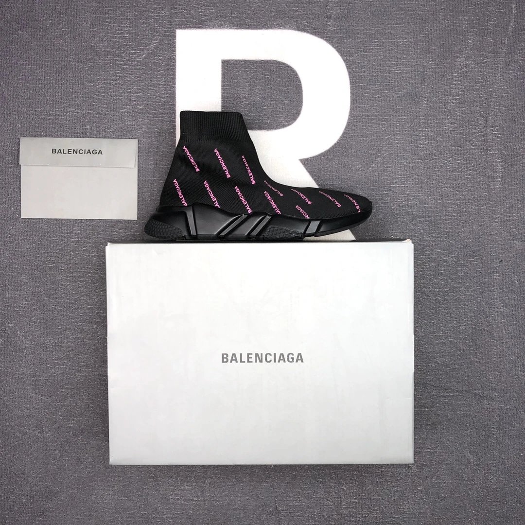 Balenciaga Speed Black Sock Sneakers Pink Logo Shoes