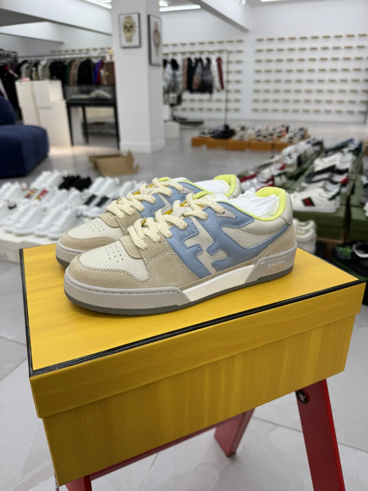 Fendi Beige Light Blue Leather Suede Unisex Sneakers