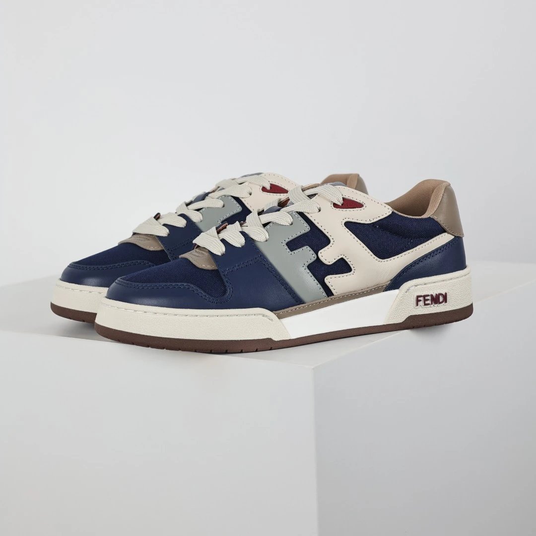 Fendi FF Blue Beige Leather Fabric Sneakers