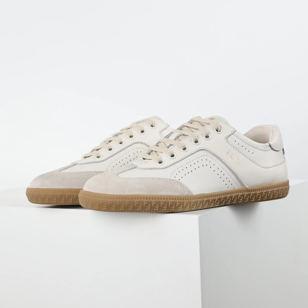 Fendi Off White Leather Suede Low Top Sneakers Shoes
