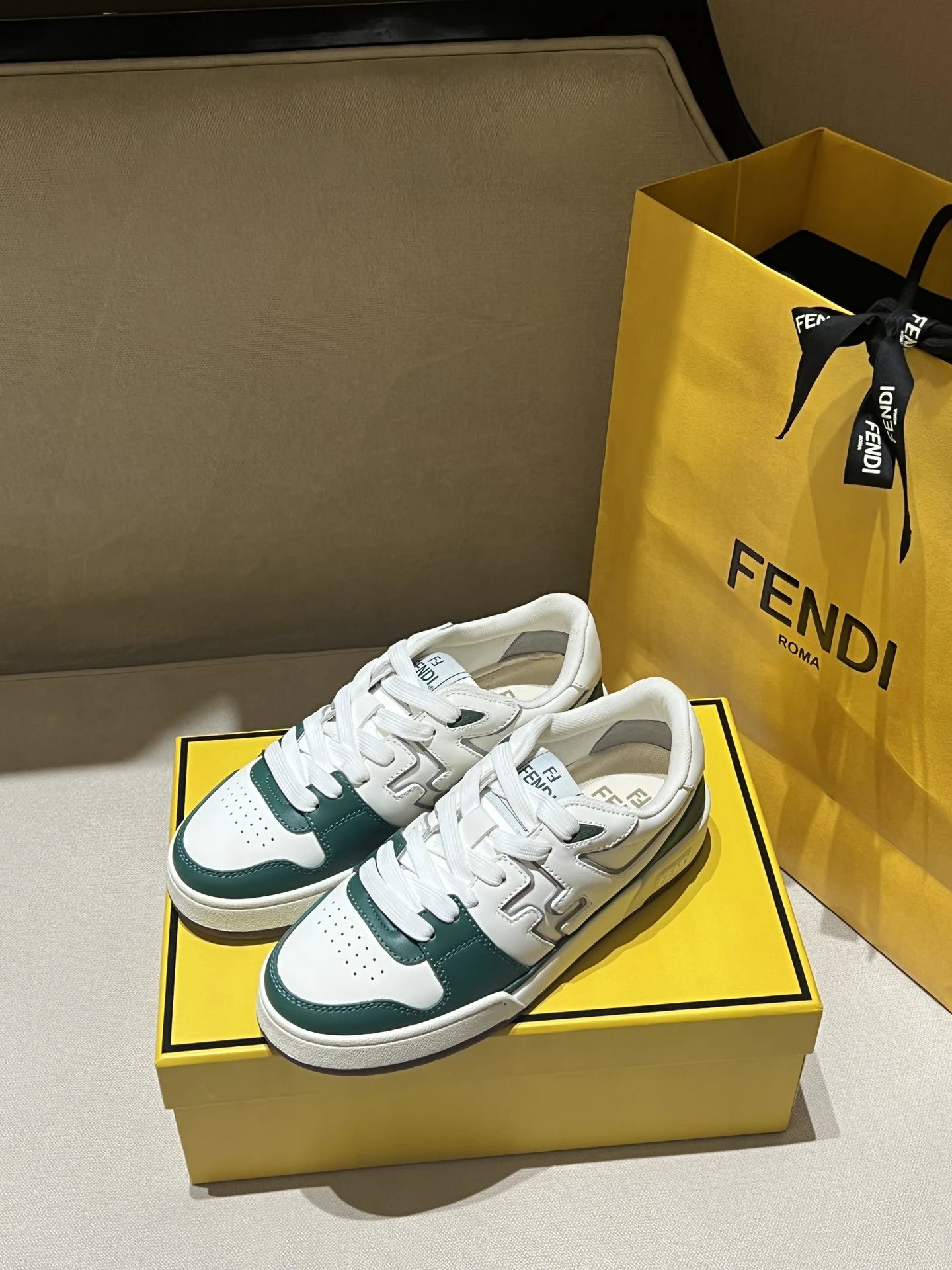 Fendi White Green Leather Low Top Sneakers