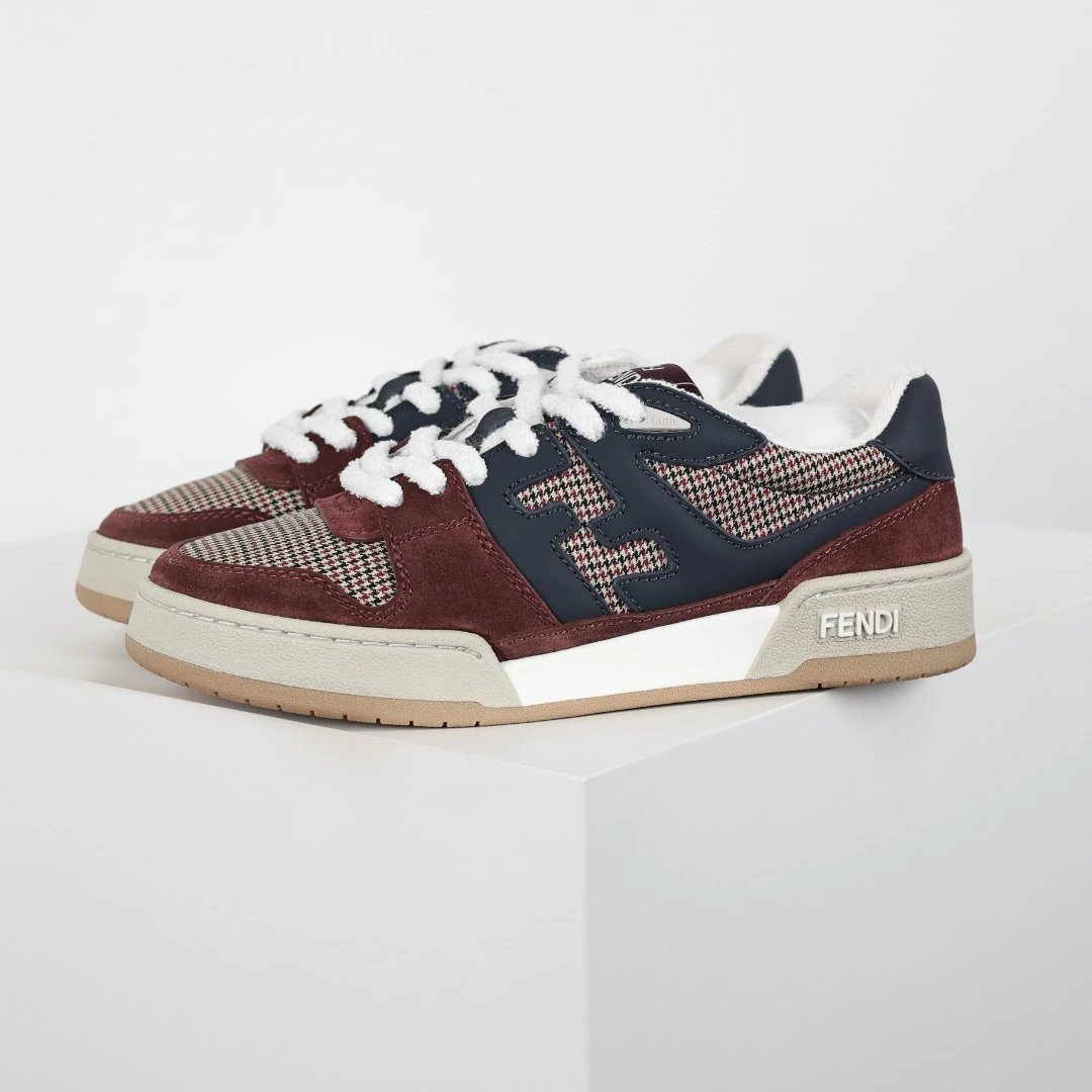 Fendi Burgundy Colorblock Leather Woven Retro Sneakers