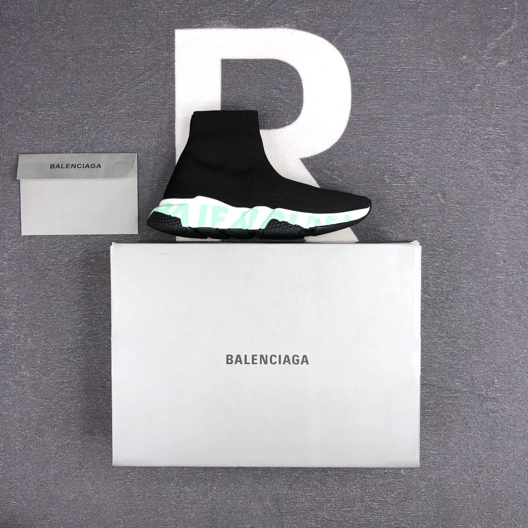 Balenciaga Black Speed Trainer Sock Sneakers Green Logo