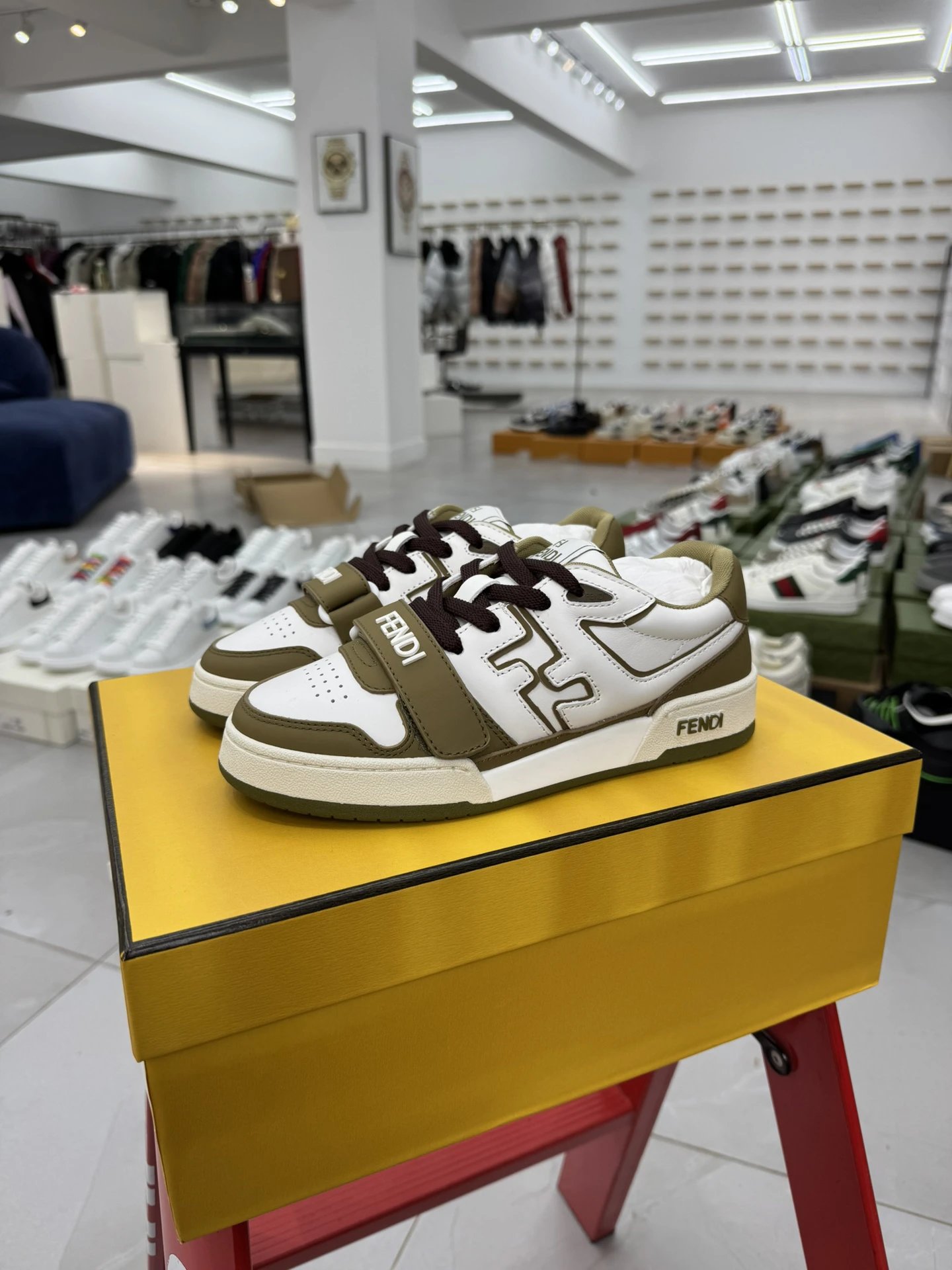 Fendi Classic Beige White Leather Unisex Sneakers Shoes