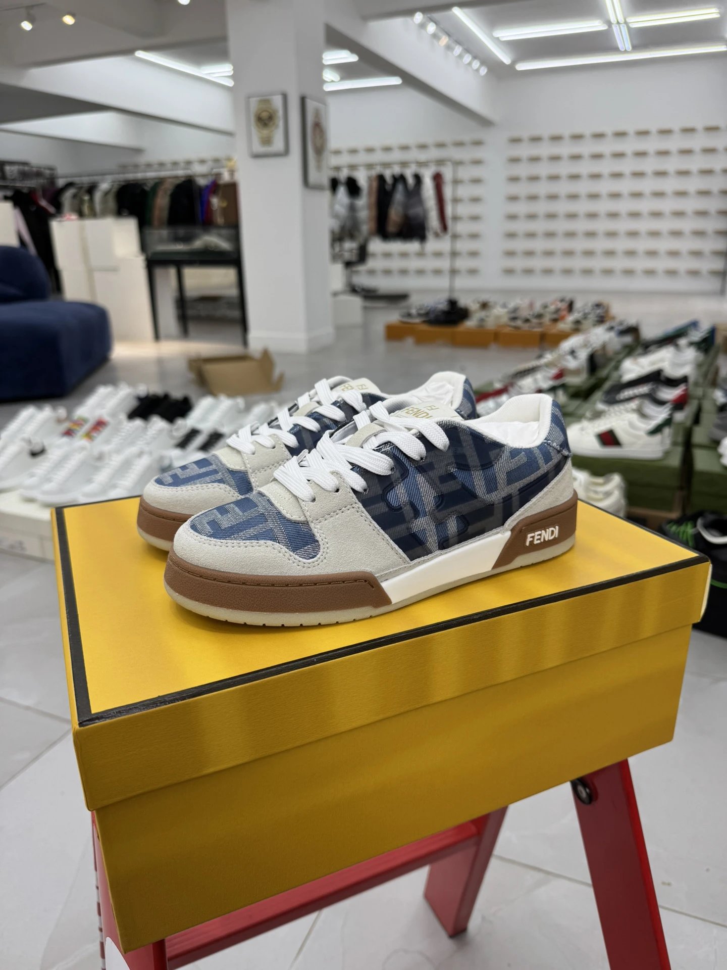 Fendi FF Blue Gray Leather Low Top Sneakers