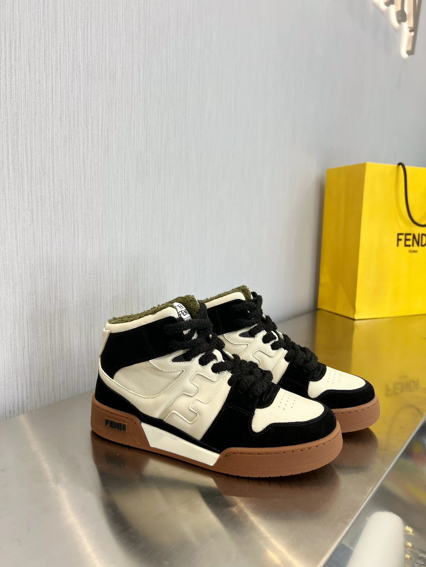 Fendi Black White Retro Mid Top Leather Sneakers
