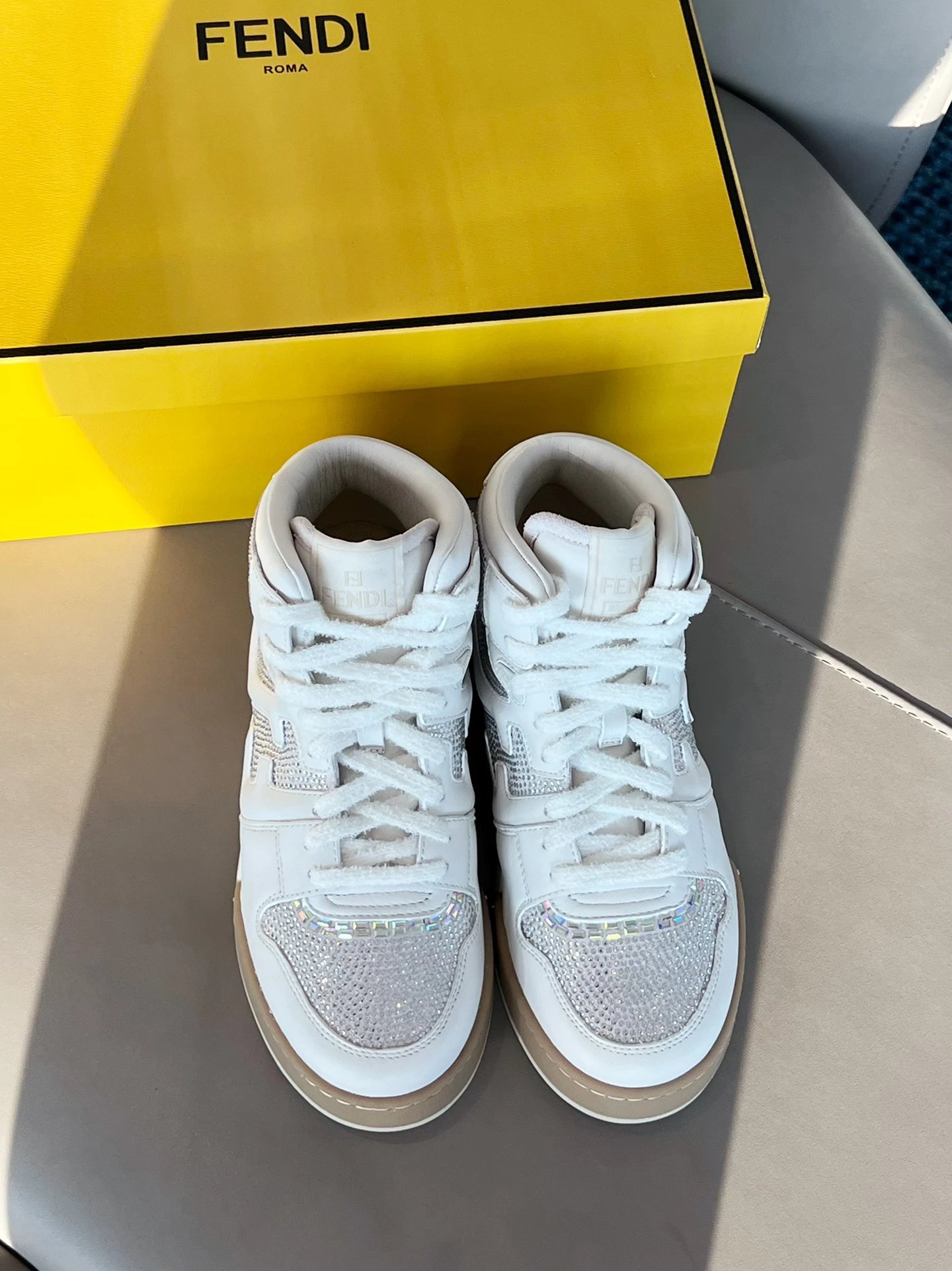 Fendi White Crystal Leather High-Top Sneakers