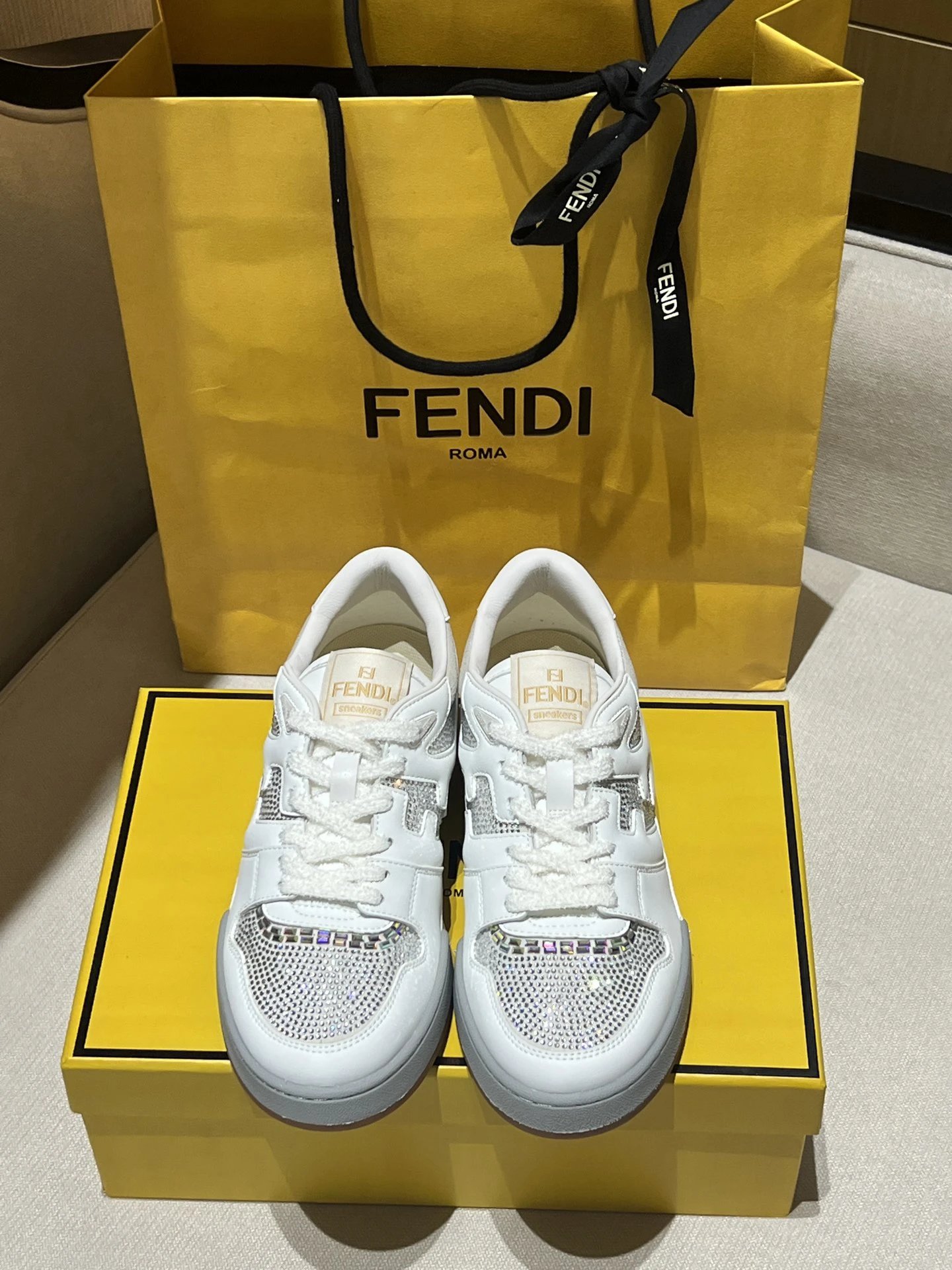 Fendi White Crystal Leather Unisex Sneakers