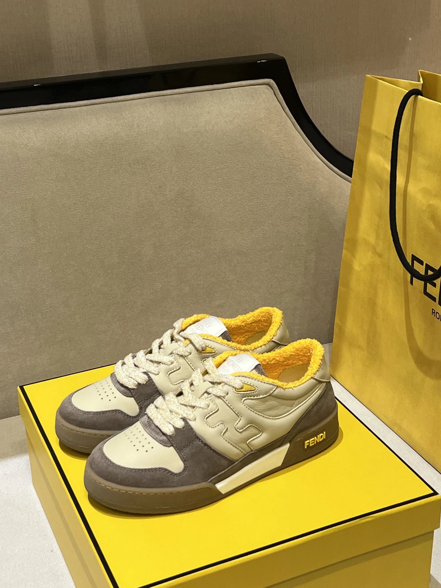 Fendi Retro Beige Gray Leather Suede Sneakers