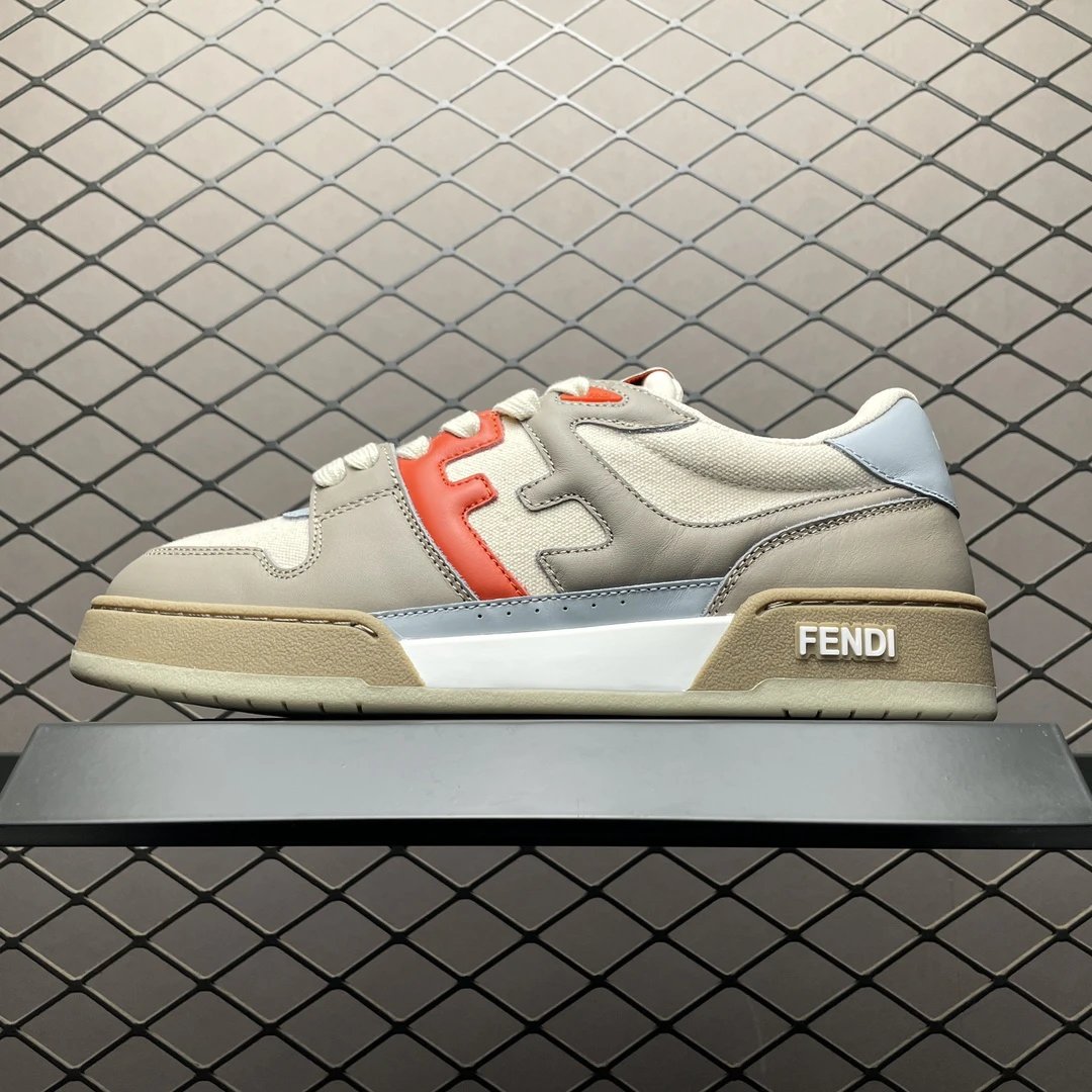 Fendi Grey White Orange Leather Chunky Sneakers