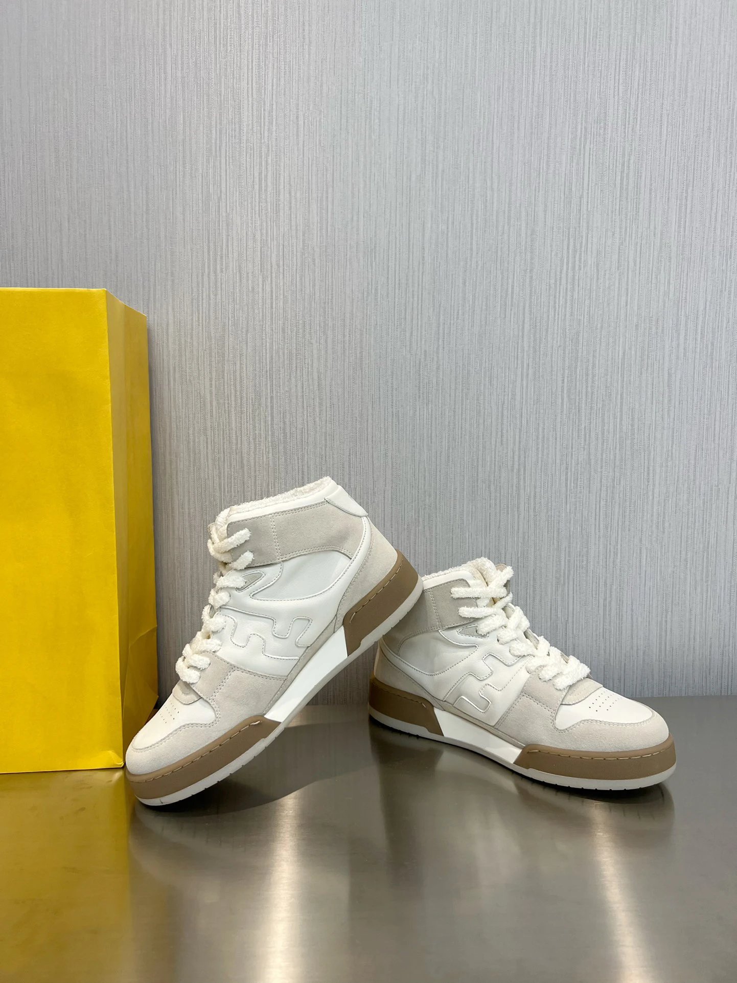 Fendi White High-Top Leather Suede Sneakers Unisex Shoes