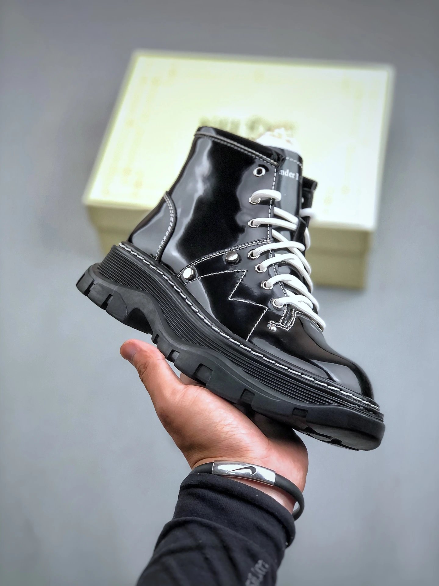 Alexander McQueen Black Patent Platform Combat Boots