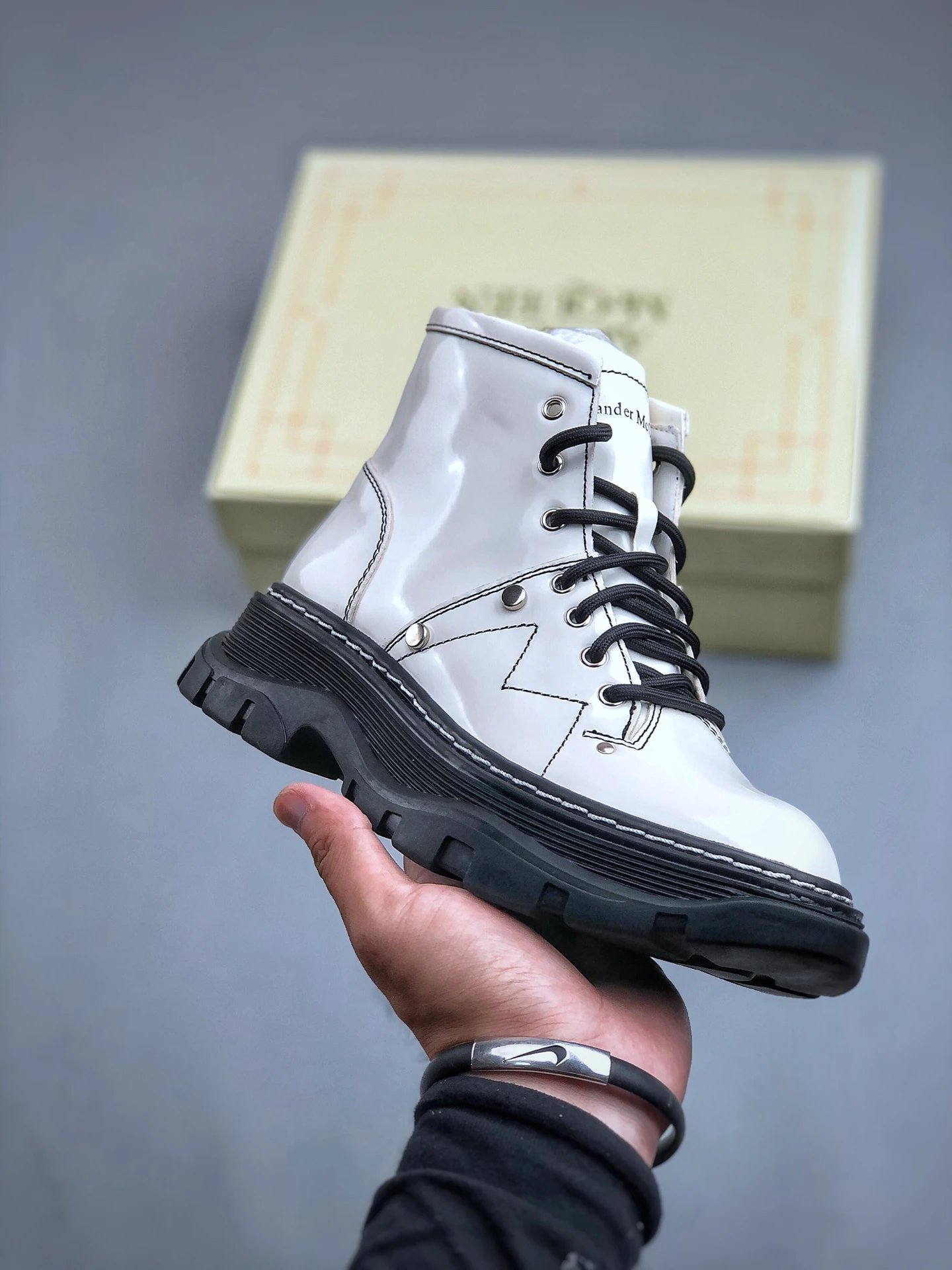 Alexander McQueen White Patent Platform Boots Black Laces