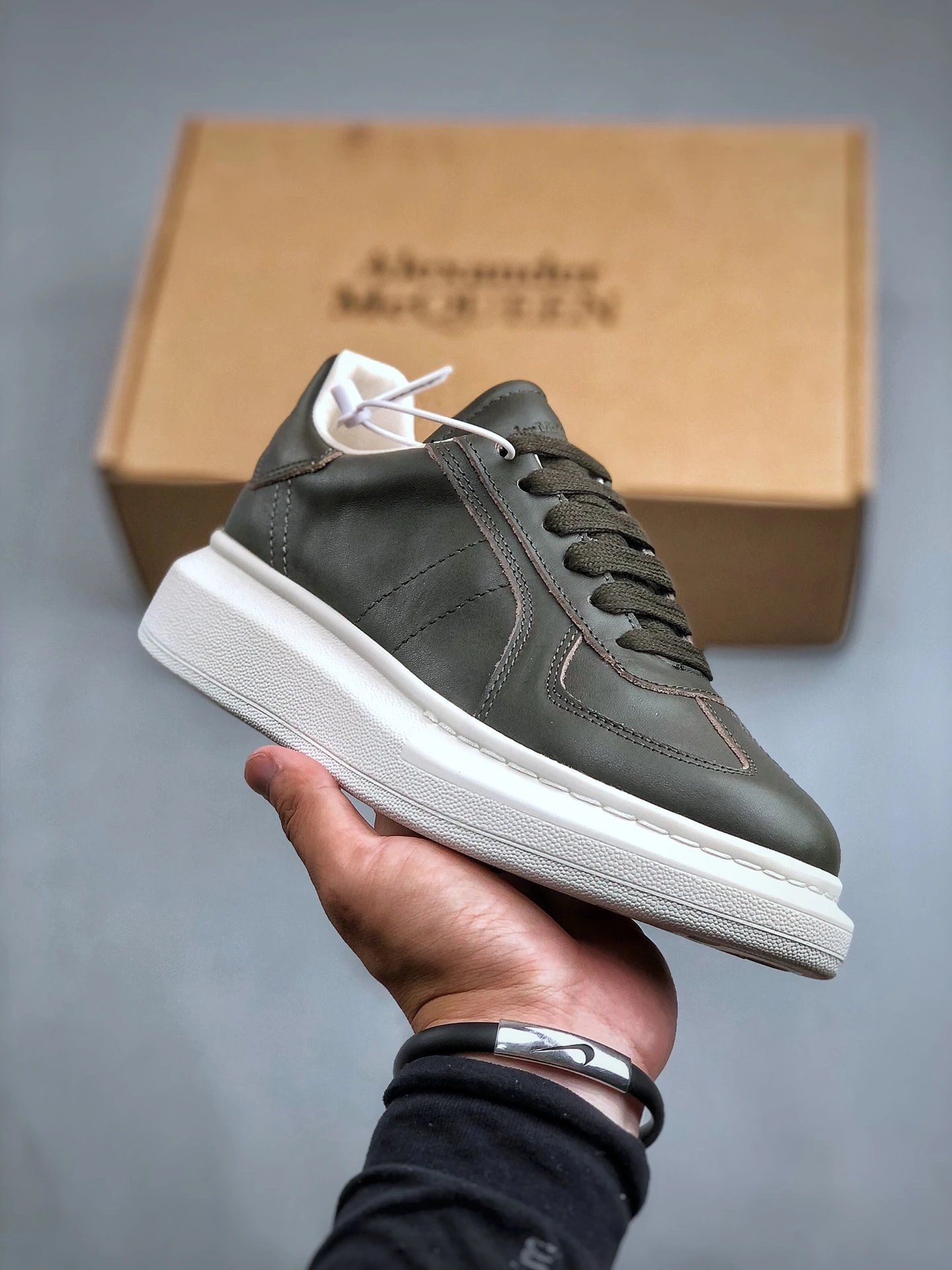 Alexander McQueen Gray Green Leather Platform Sneakers