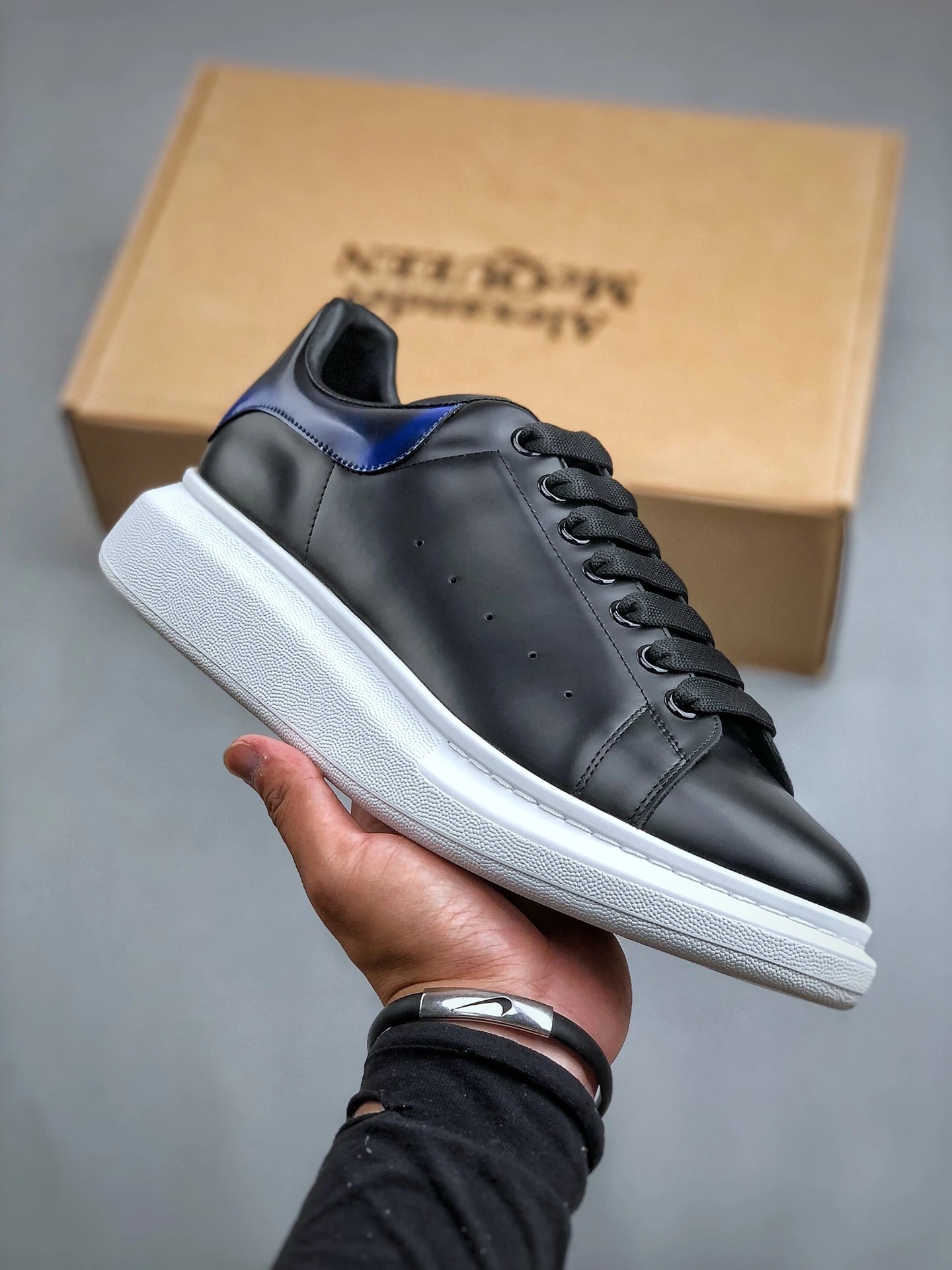 Balenciaga Black Low Top Leather Sneakers Blue Heel Shoes
