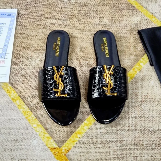 Saint Laurent Sandals Flat slide with gold YSL logo and wide strap product detail image 11