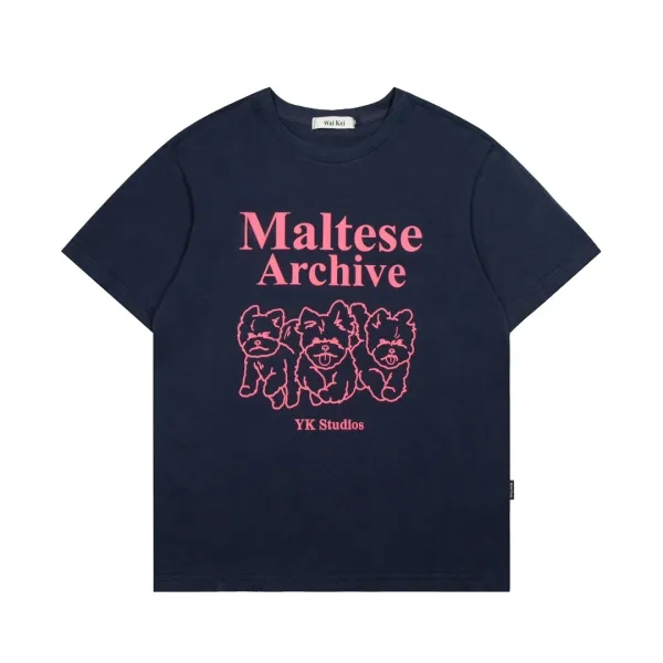 YK Studios Surfing Maltese & Dolphin Crew Navy T-Shirt - 14