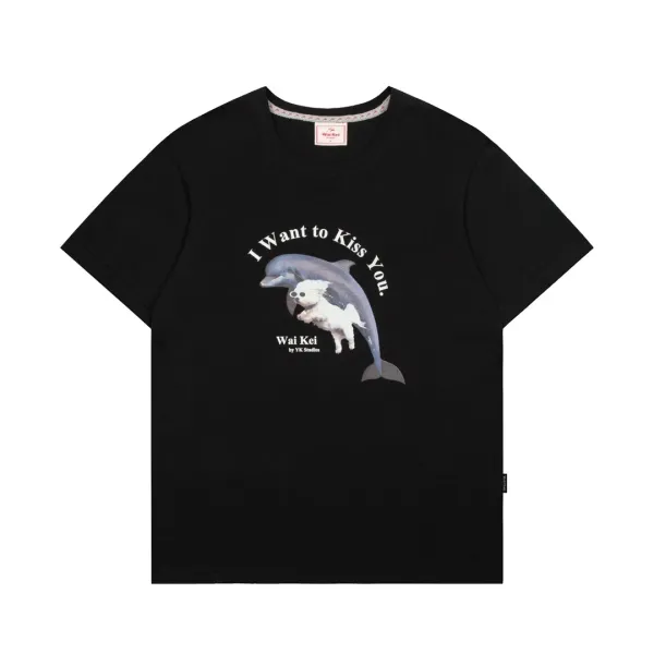 YK Studios Surfing Maltese & Dolphin Crew Navy T-Shirt - 11