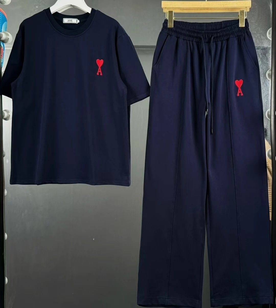 AMI Paris Heart Logo Navy T-Shirt and Sweatpants Set
