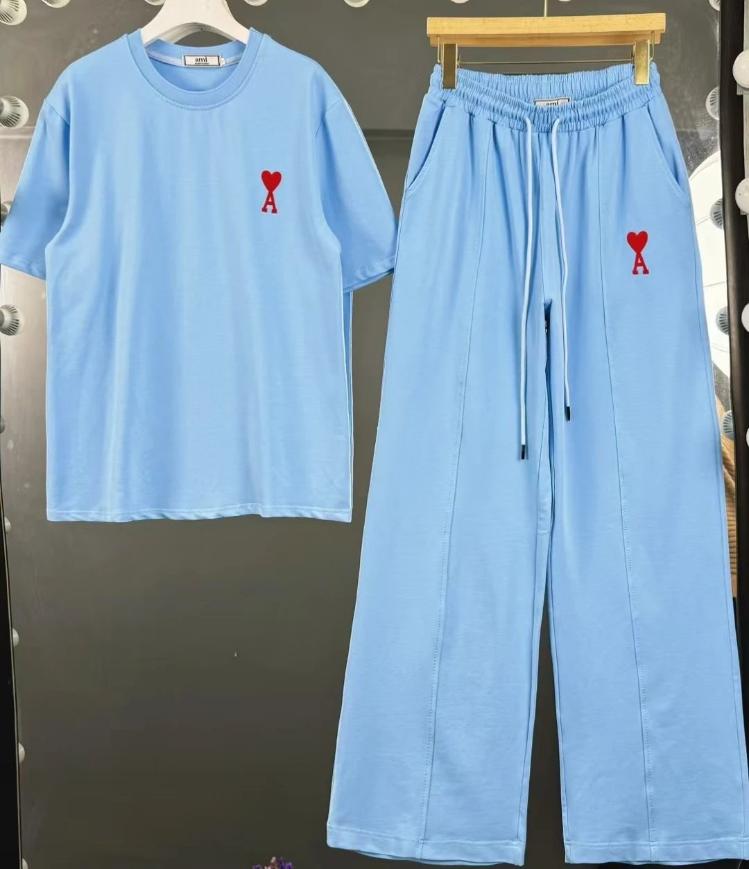 AMI Paris Heart Logo Light Blue Casual Set
