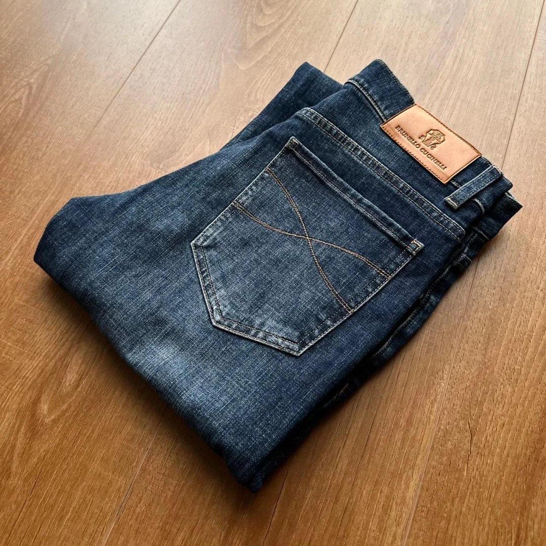 Official website 5900 yuan 25 autumn new product BC straight leg jeans original fabric, heavy-duty washed elastic slim fit gold stitching YKK zipper embroidery badge