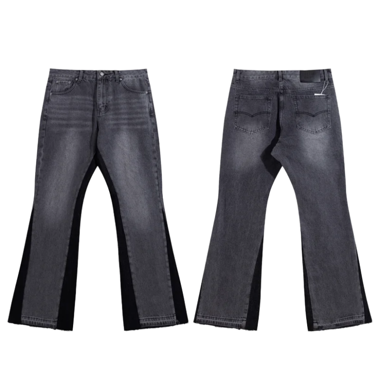 [DX23-2] Fashionable Bootcut Jeans Washed Distressed Spliced Color Block