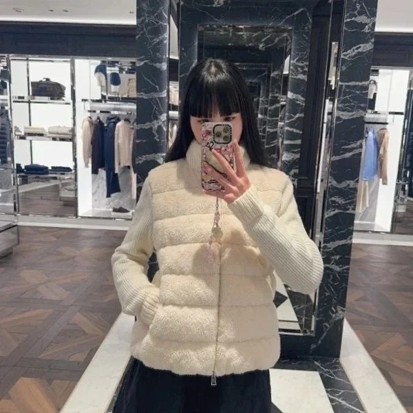 Unbranded Down Jackets Knitted-Sleeve Faux Shearling Puffer Jacket product detail image 4