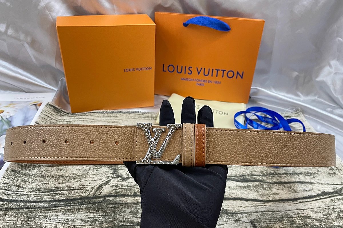 Louis Vuitton Initiales Reversible Belt Studded Silver Buckle Beige Tan