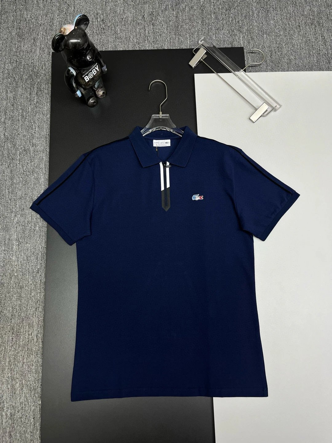 Lacoste Zip Polo Shirt Navy Blue Side Stripe