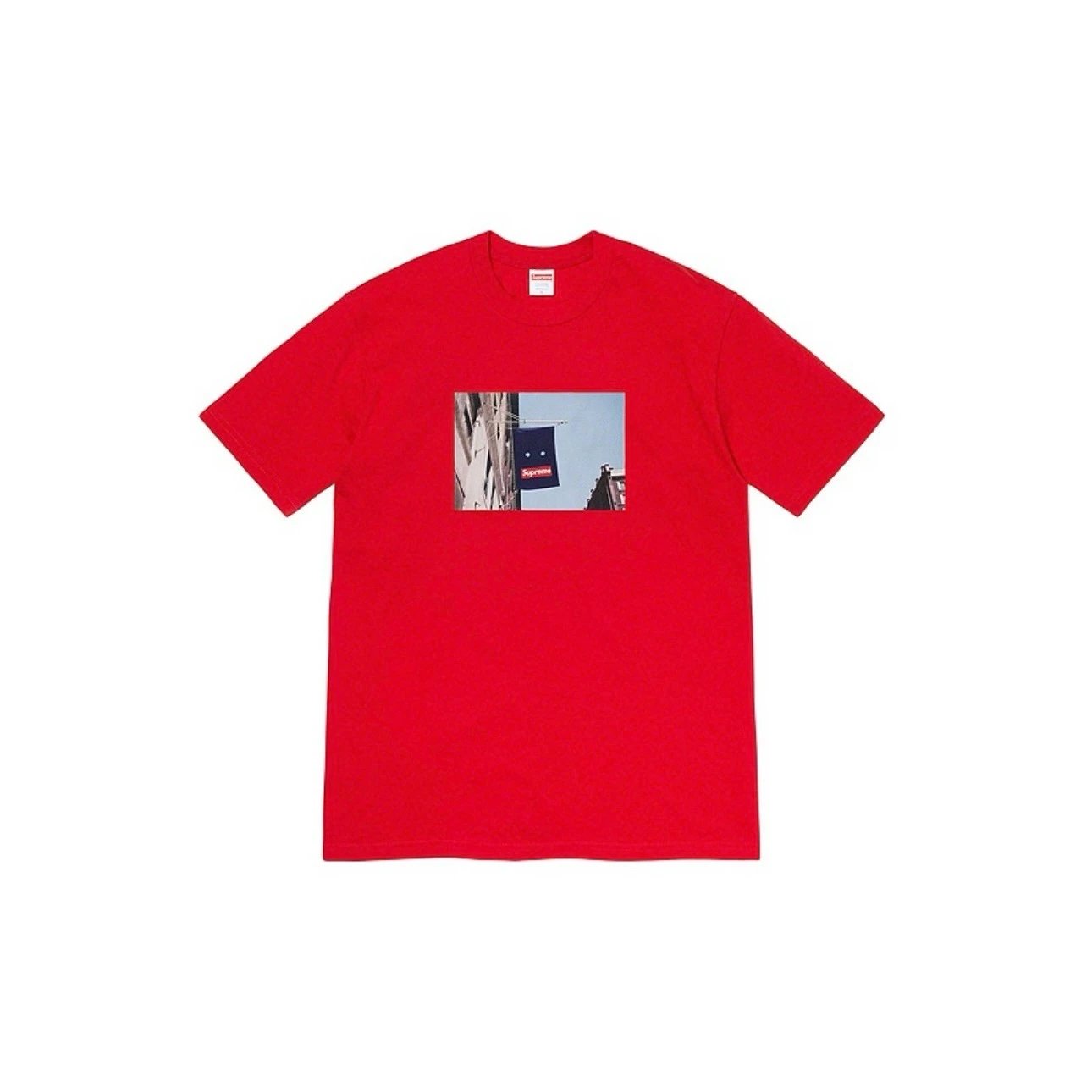 Supreme Banner Tee Red Cotton Short Sleeve T-Shirt with Store Flag Graphic