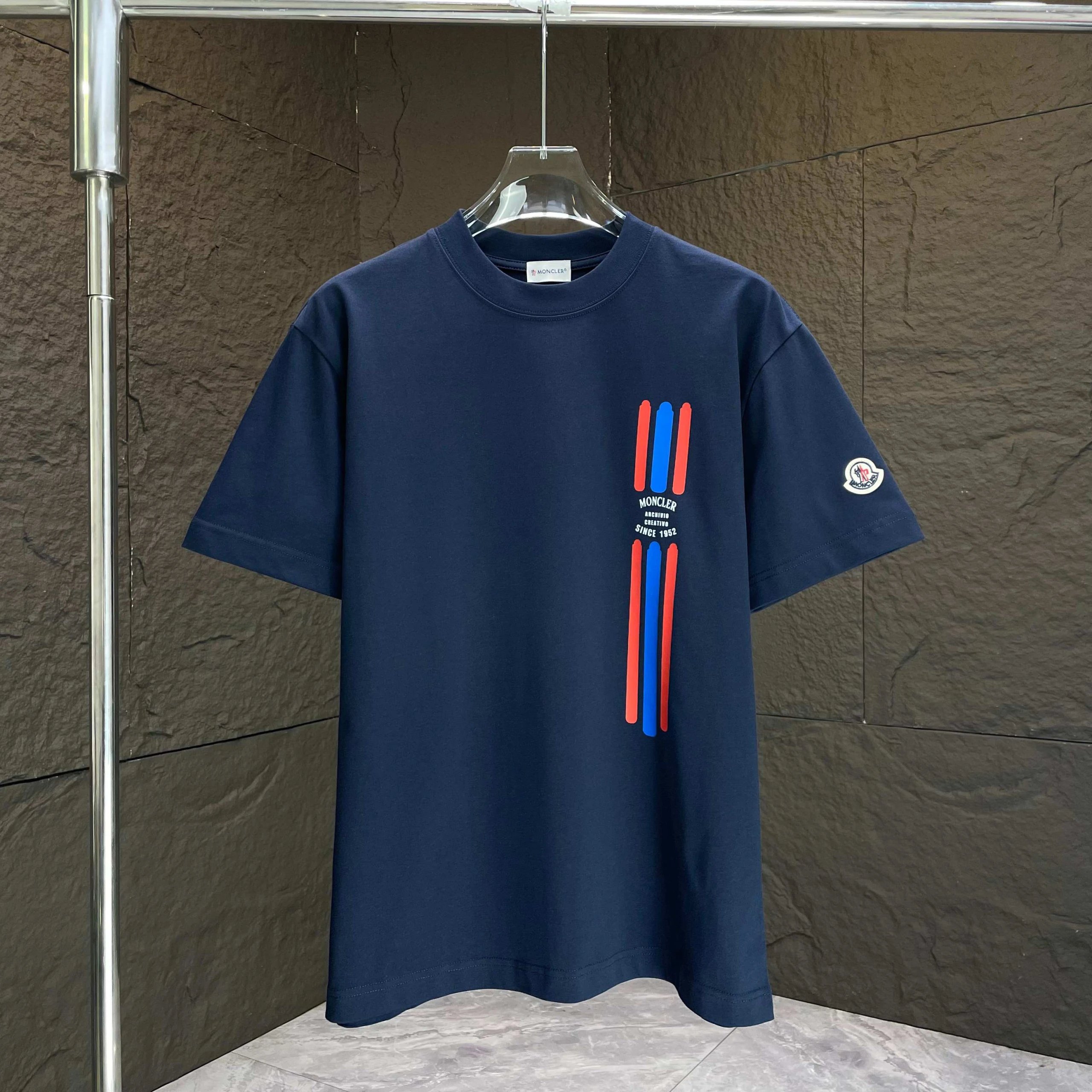 Moncler Tricolor Stripe Logo Tee Navy Blue