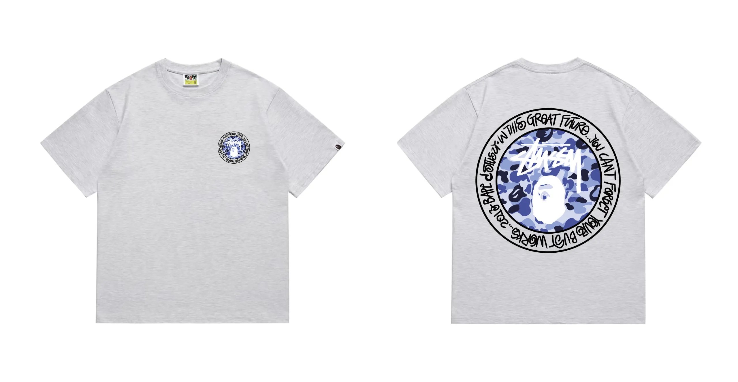 BAPE x Stussy Ape Head Camo Circle Logo Tee Grey Blue Camo Dark Border