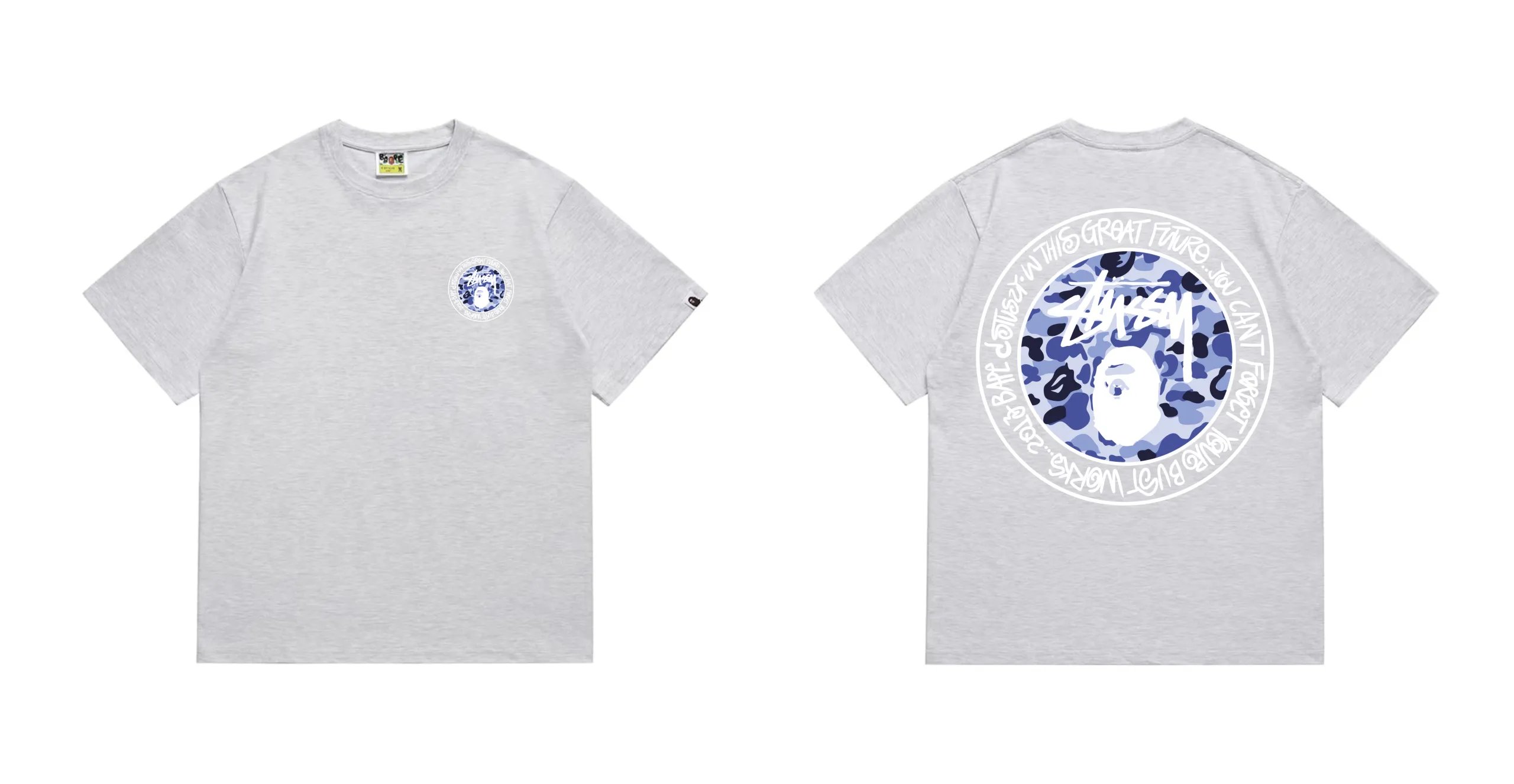 BAPE x Stussy Ape Head Camo Circle Logo Tee Grey Blue Camo
