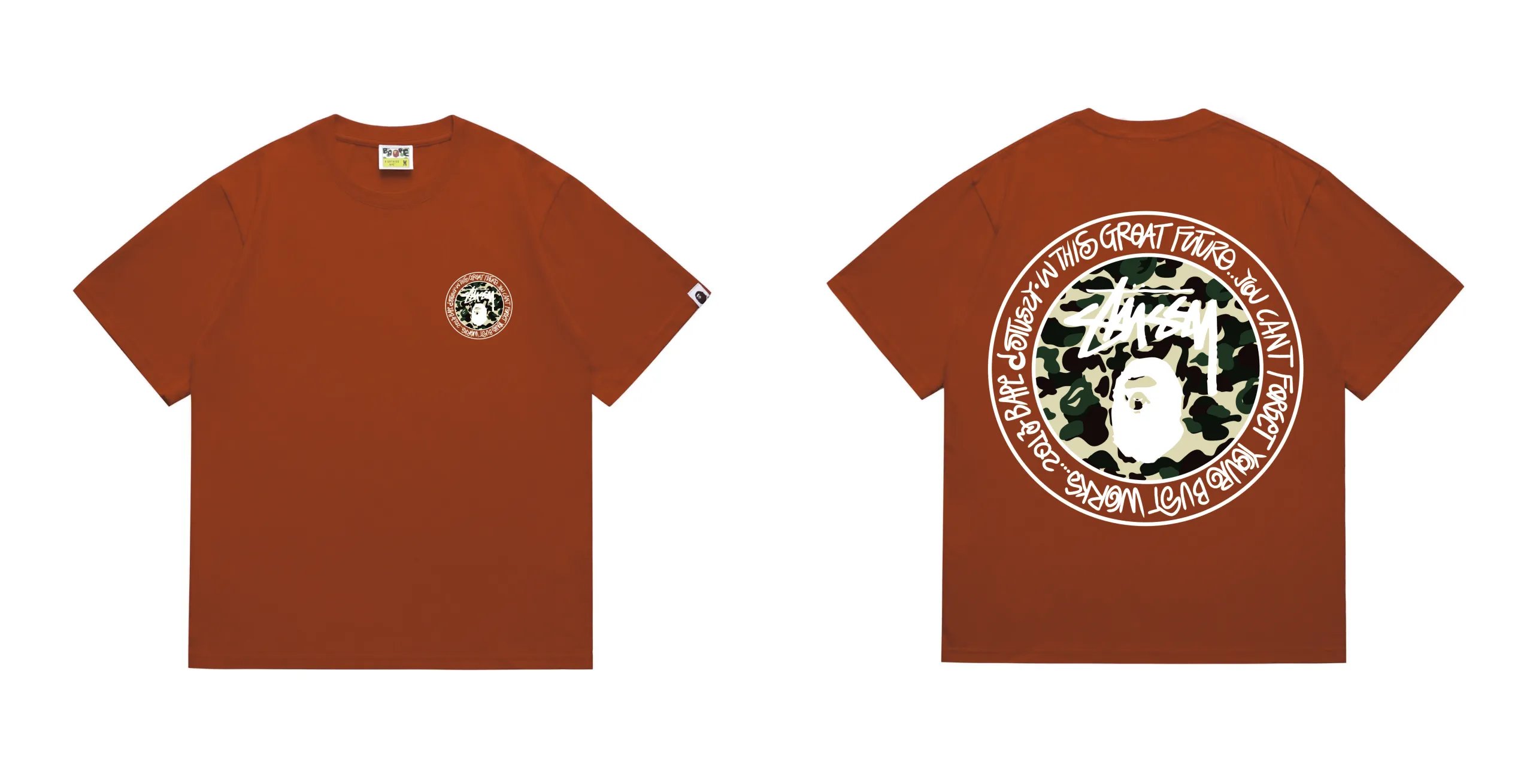 BAPE x Stussy Ape Head Camo Circle Logo Tee Rust Orange Green Camo