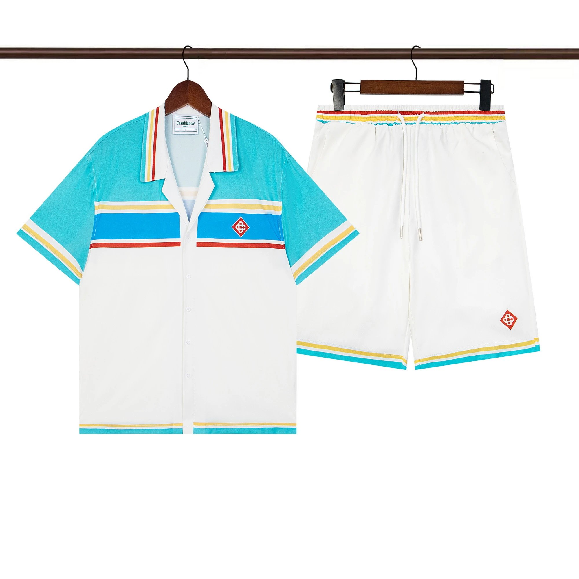 Casablanca Casa Sport Stripe Pique Polo Shirt & Shorts Set White/Teal
