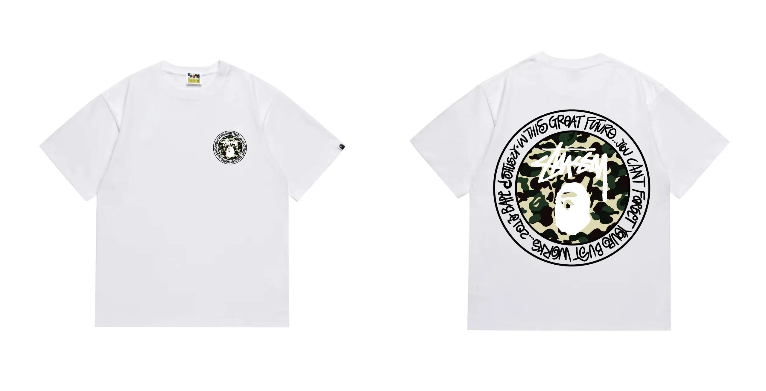 BAPE x Stussy Ape Head Camo Circle Logo Tee White Green Camo