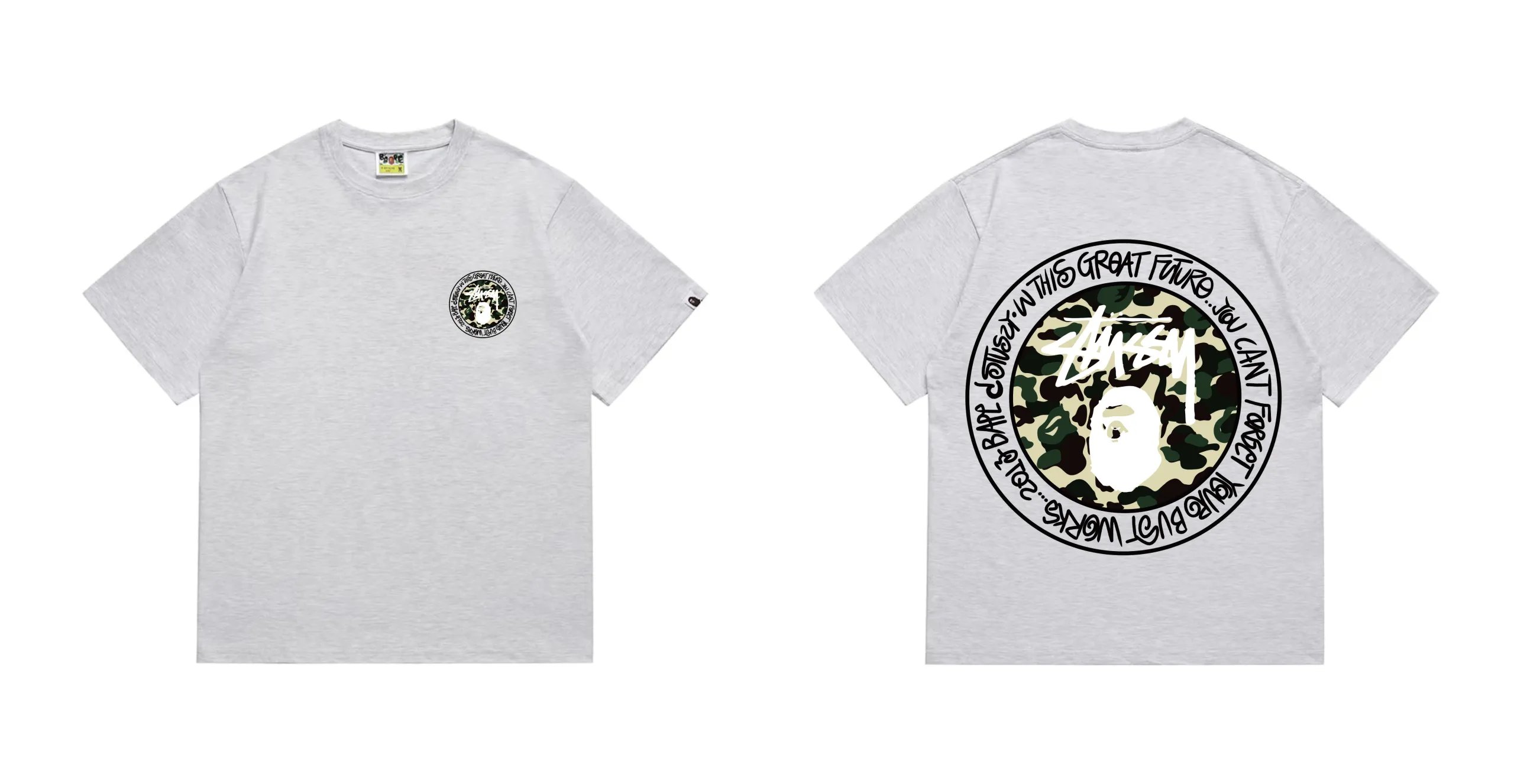 BAPE x Stussy Ape Head Camo Circle Logo Tee Grey Green Camo Dark Border