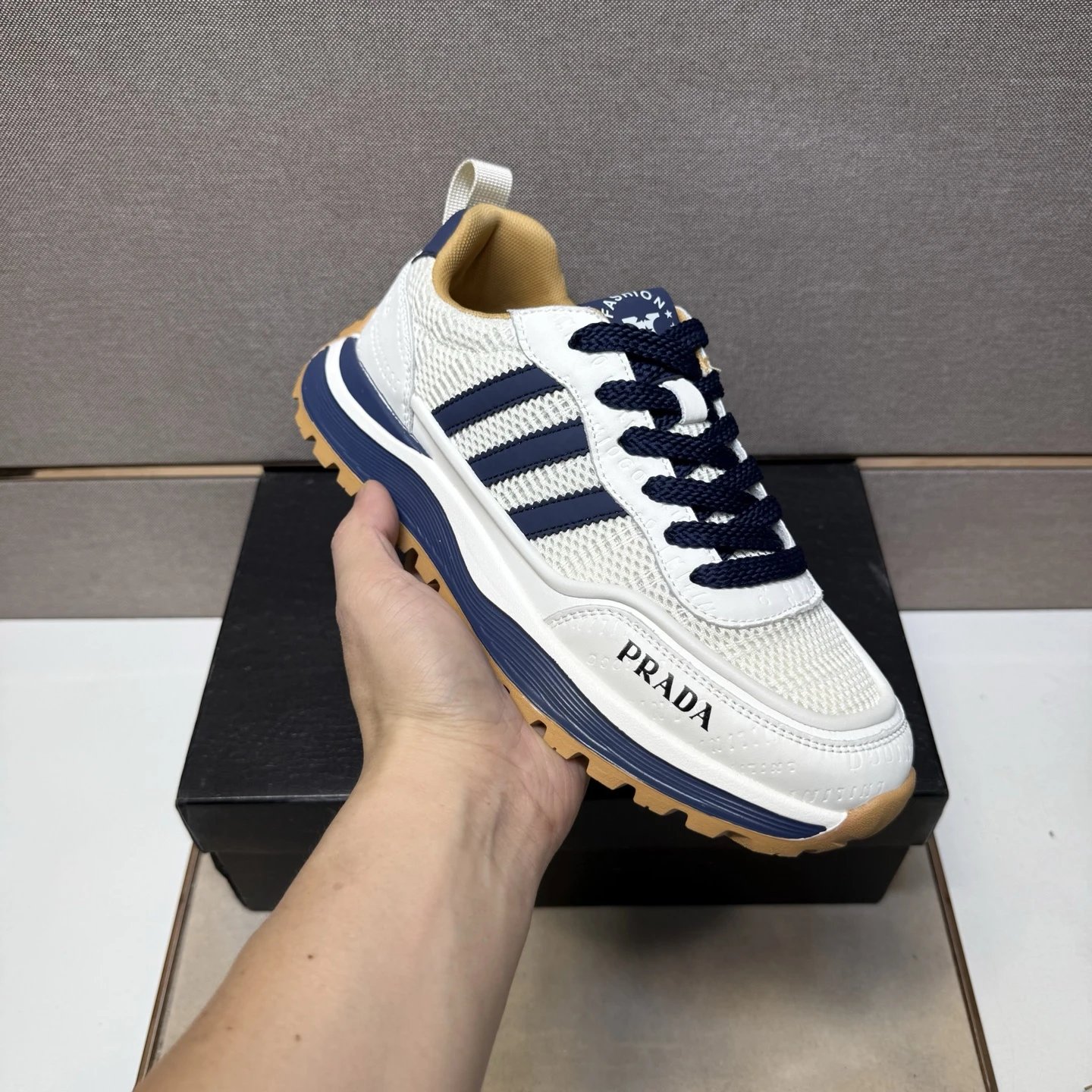 Prada Mesh Runner Sneaker White Navy Blue