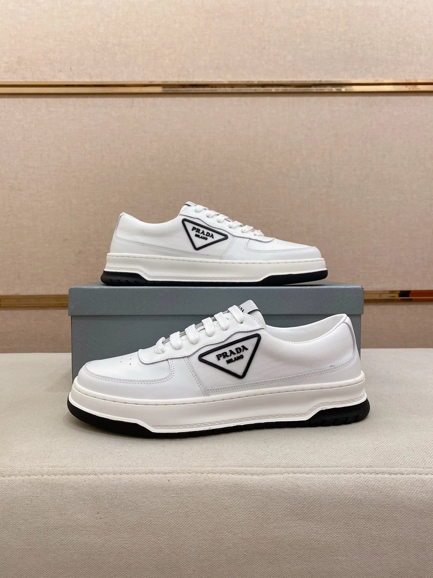 Prada Downtown Leather Sneaker White Black