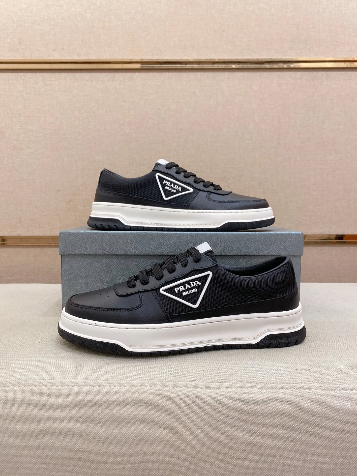 Prada Downtown Leather Sneaker Black White