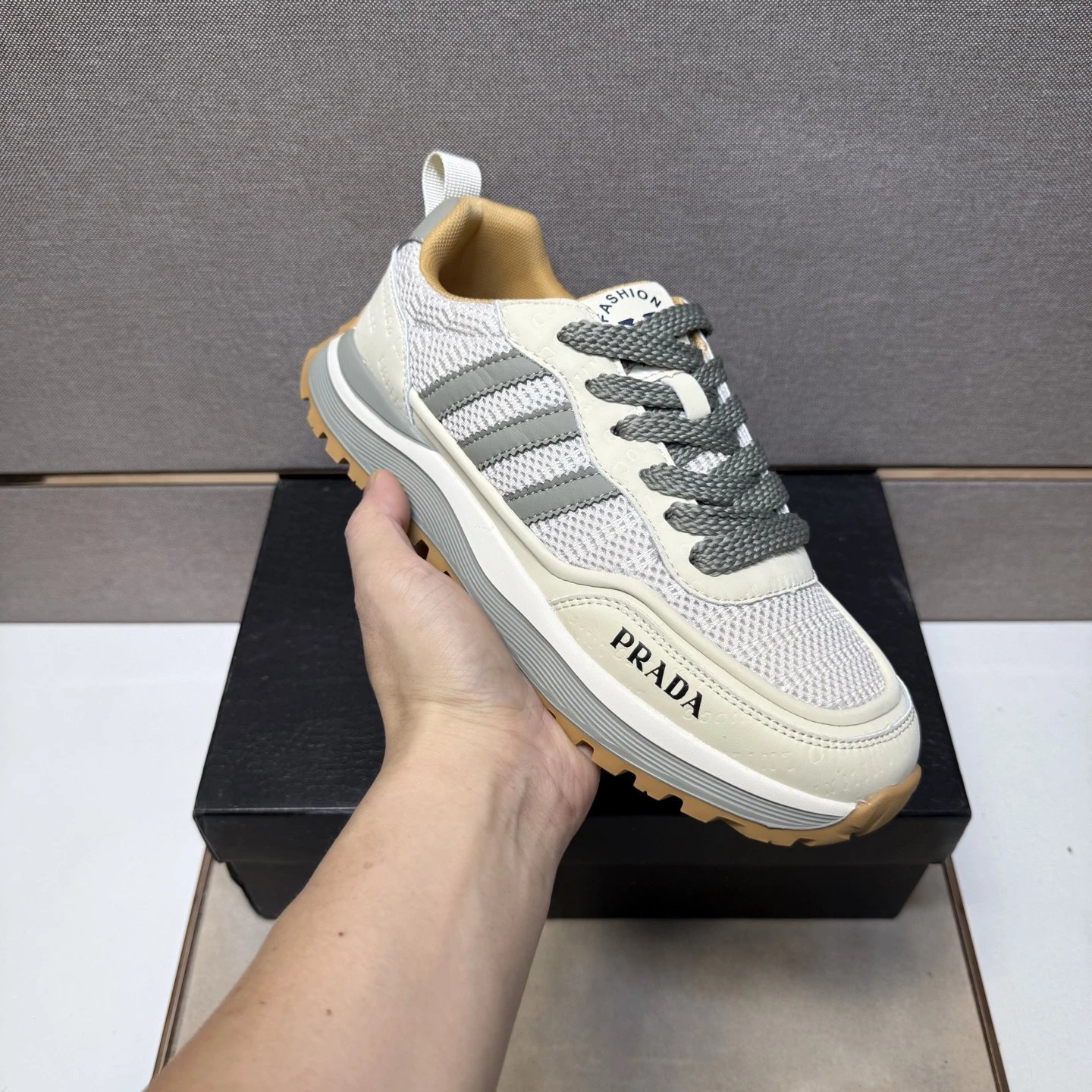 Prada Mesh Runner Sneaker White Grey Beige