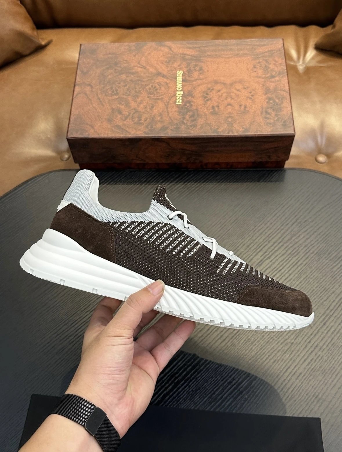 Stefano Ricci Knit Runner Sneaker Brown Grey White