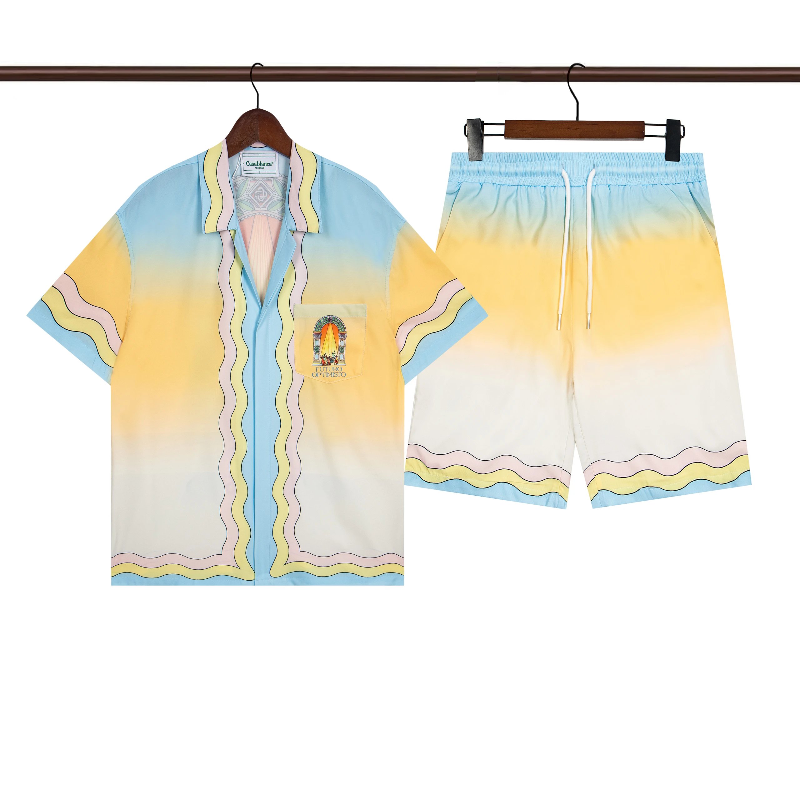 Casablanca Futuro Optimisto Wave Silk Shirt & Shorts Set Yellow/Blue Gradient