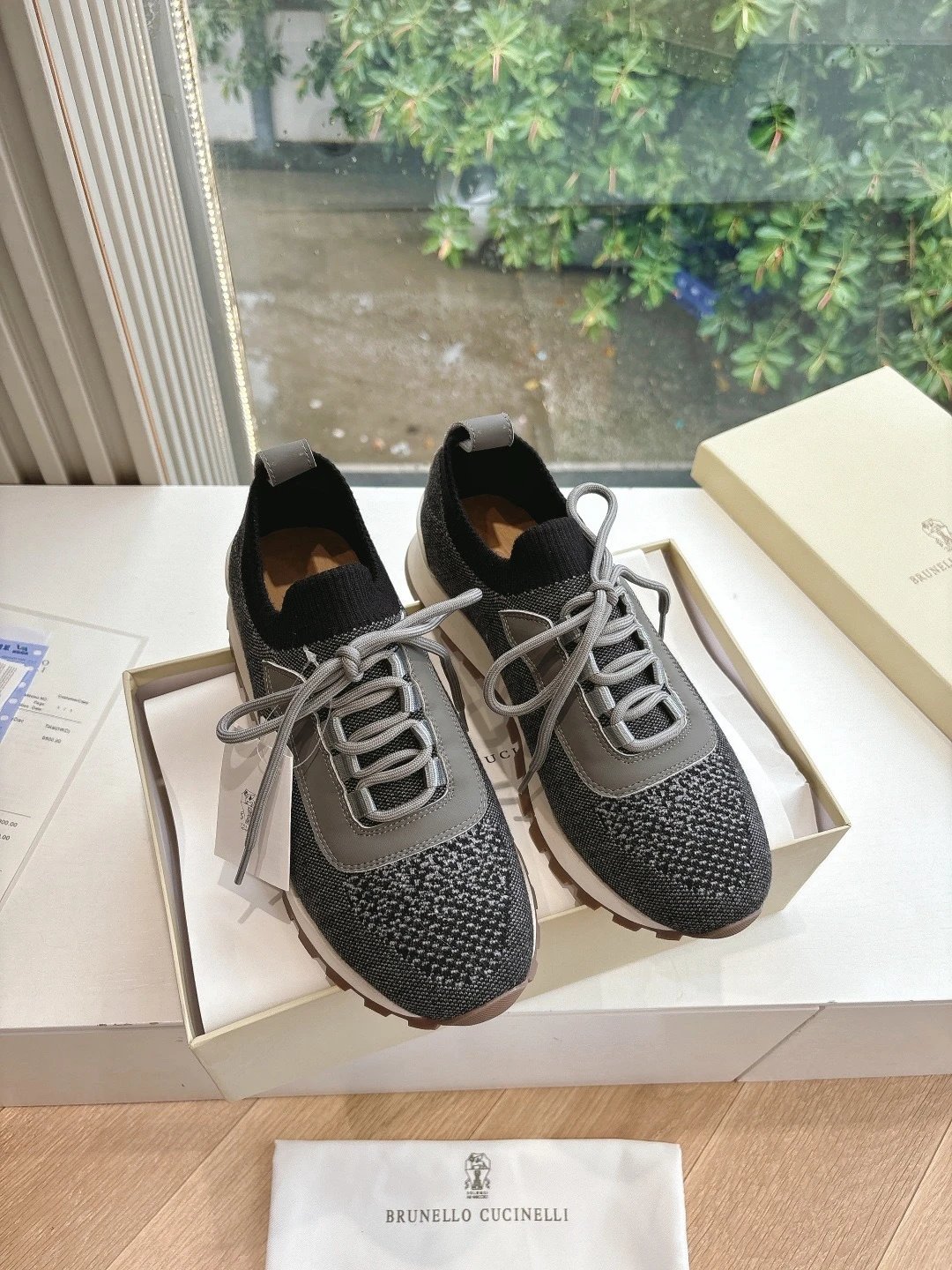Brunello Cucinelli Knit Lace Up Sneaker Black Grey