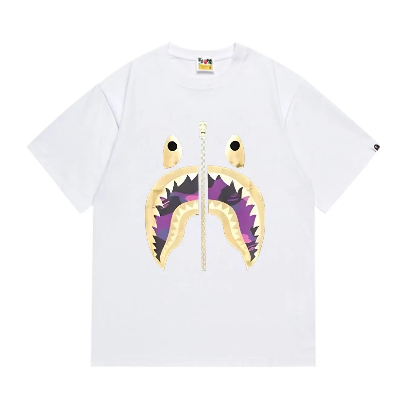 BAPE Gold Purple Camo Shark Face Zip Tee White