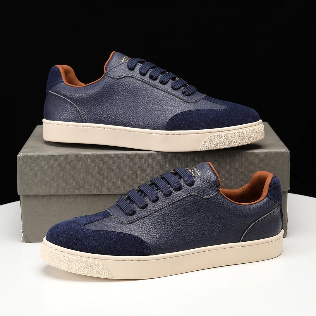 Brunello Cucinelli Luxury Trainer Navy Leather Tan