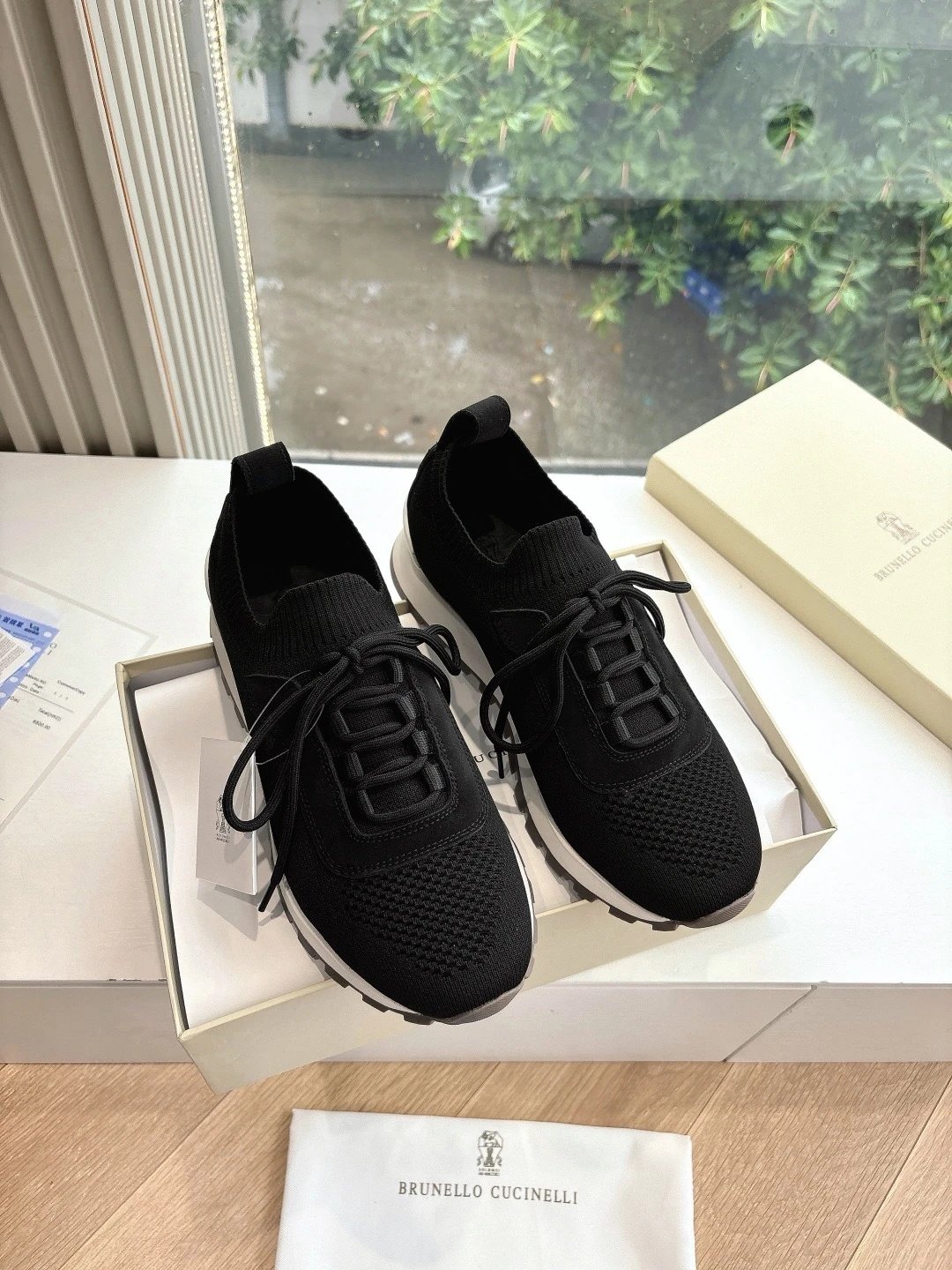 Brunello Cucinelli Knit Lace Up Sneaker Black White