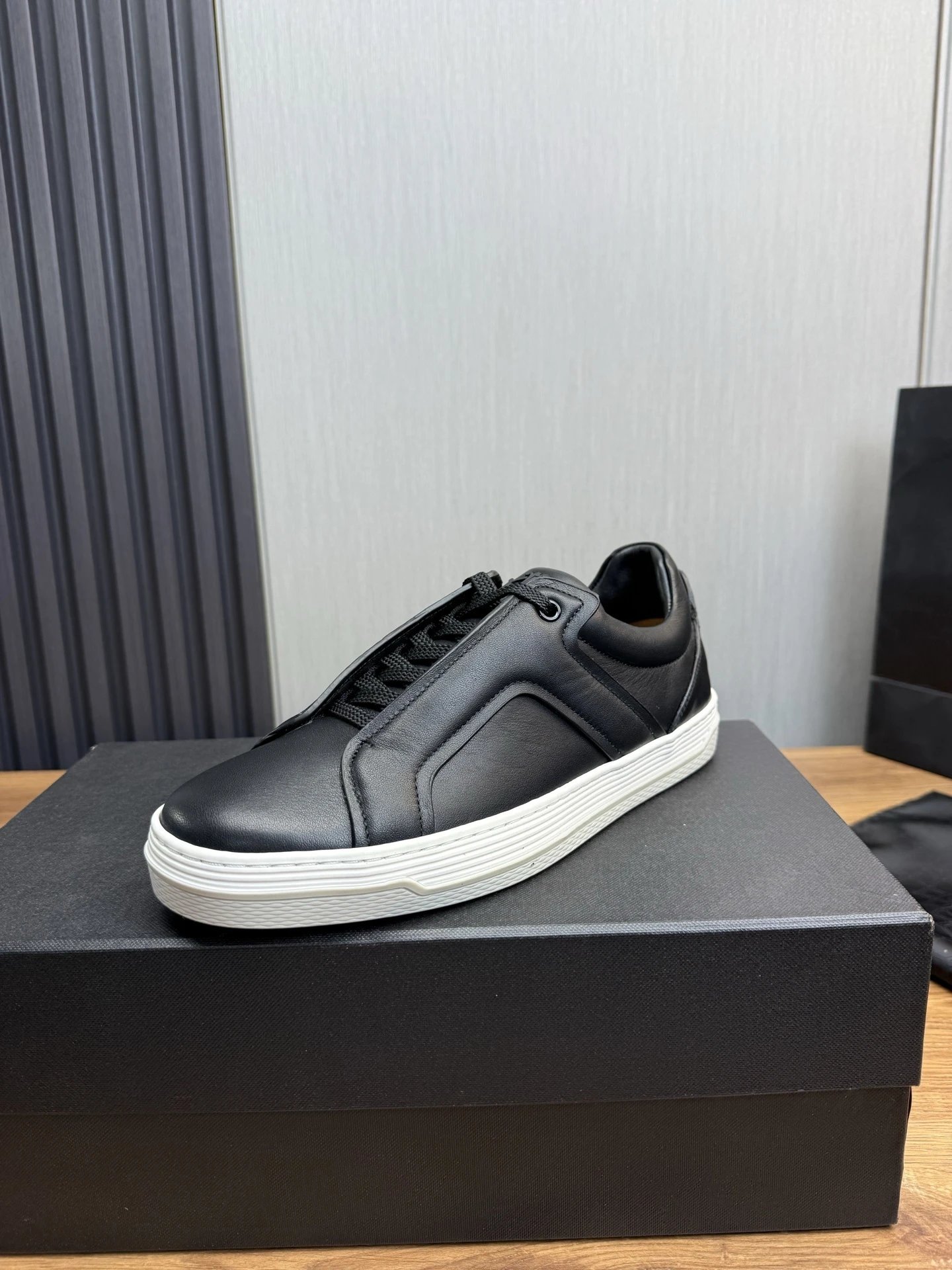 Zegna Triple Stitch Leather Sneaker Black White