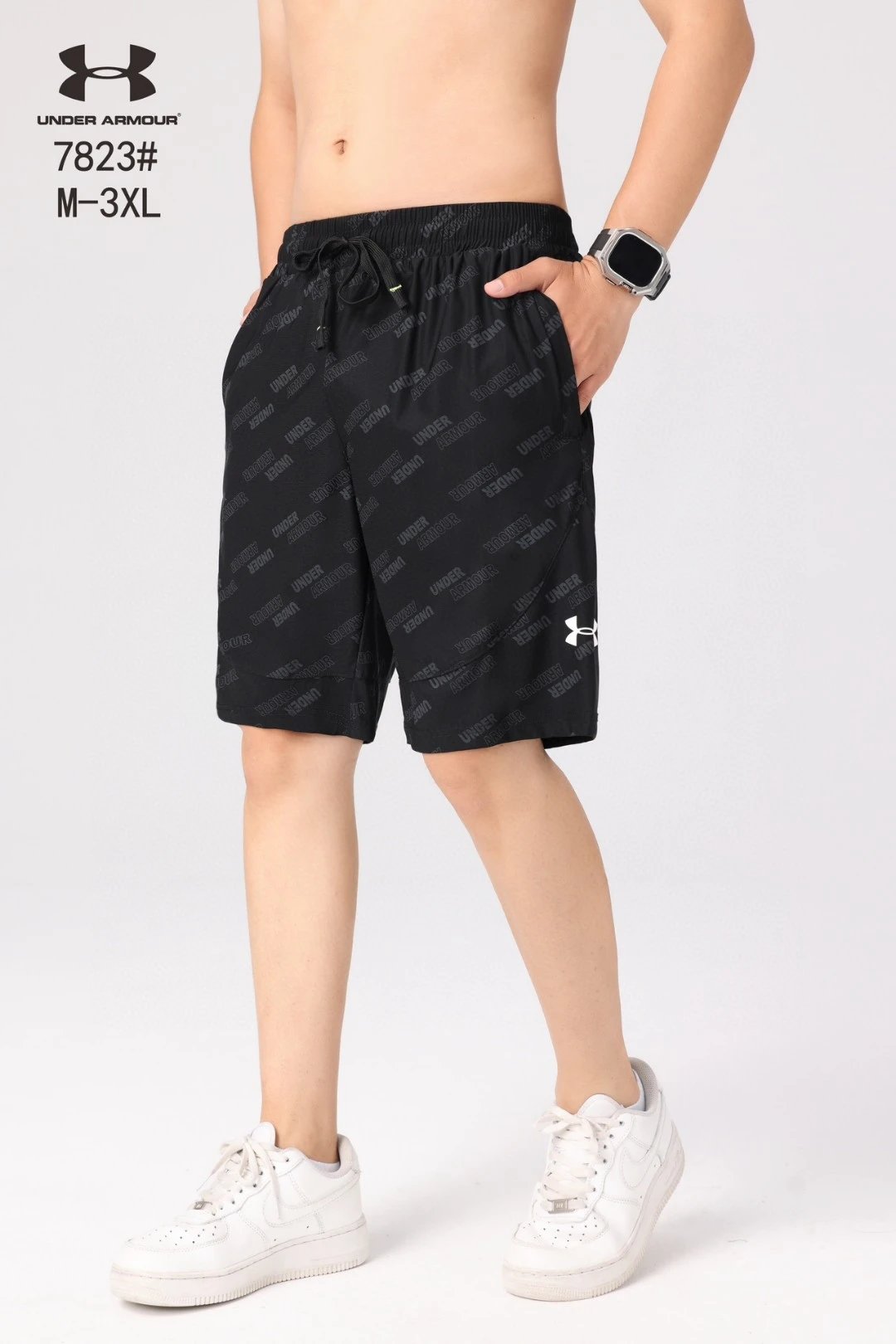 Under Armour 7823 All-Over Wordmark Athletic Shorts Black